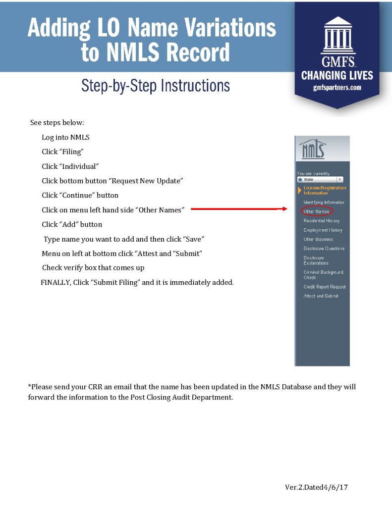 Instructions for Adding LO Name Variations to NMLS Record