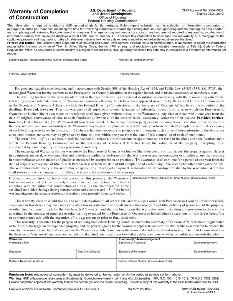 HUD Builders Warranty Completeness of Construction Form