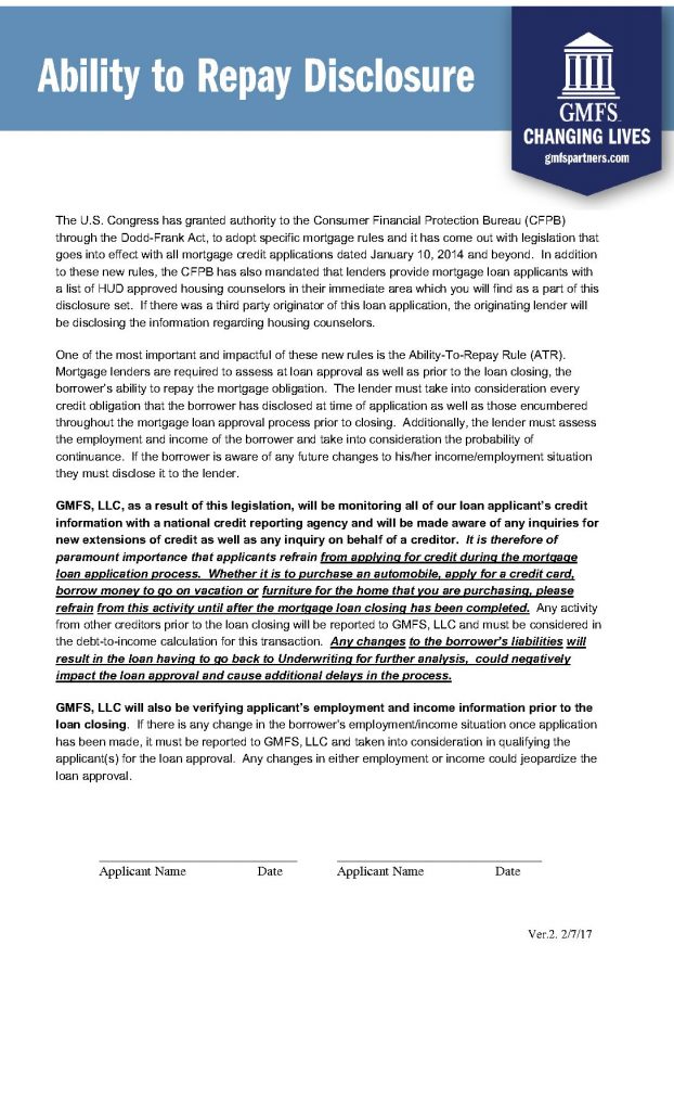 Ability to Repay Disclosure Form