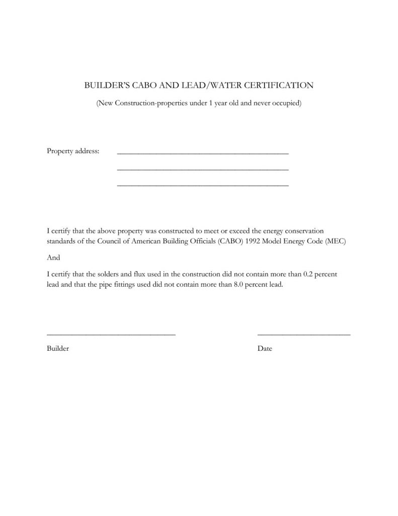 Builder CABO and Lead/Water Certification Form