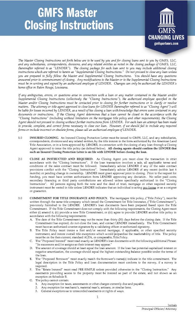 GMFS Master Closing Instructions Form