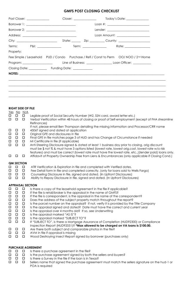 GMFS Post Closing Checklist Form