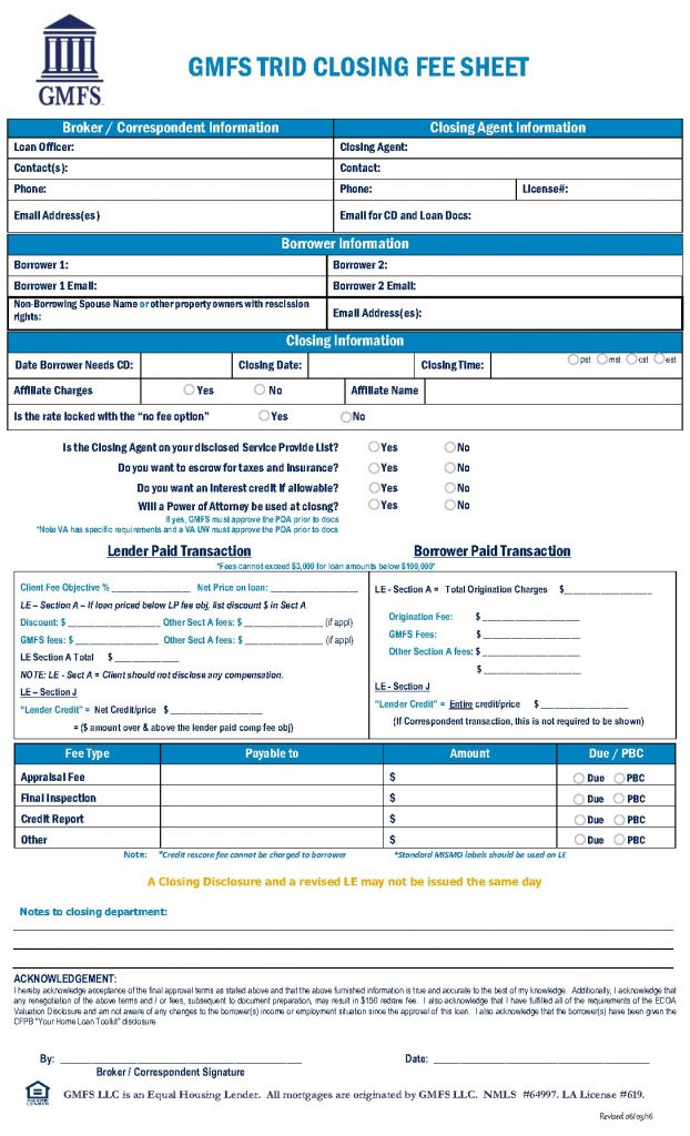 GMFS Closing Fee Sheet Form