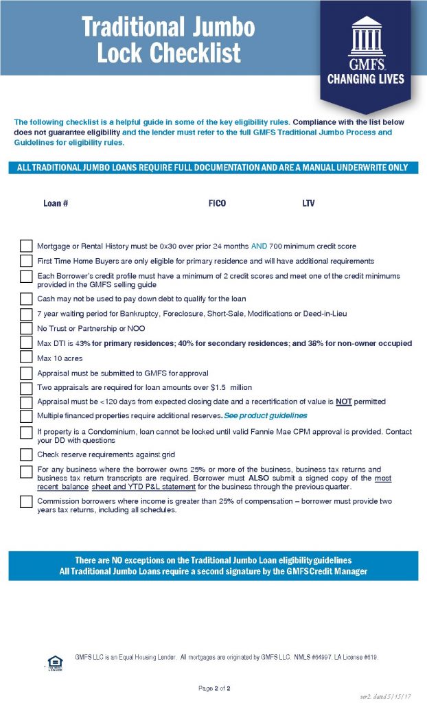 Traditional Jumbo Lock Checklist Form