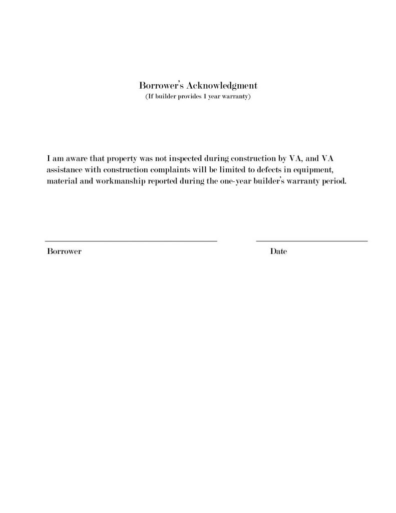 VA New Construction Borrower Acknowledge 1 Year Warranty Form