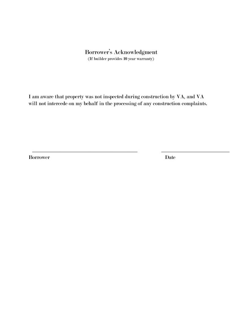 VA New Construction Borrower Acknowledge 10 Year Warranty Form