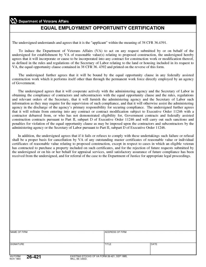 VA New Construction Equal Employment Opportunity Certification Form