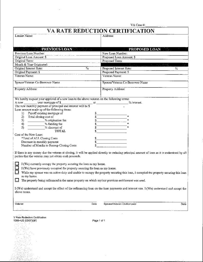 VA Rate Reduction Certification Form (IRRRL Refis only)