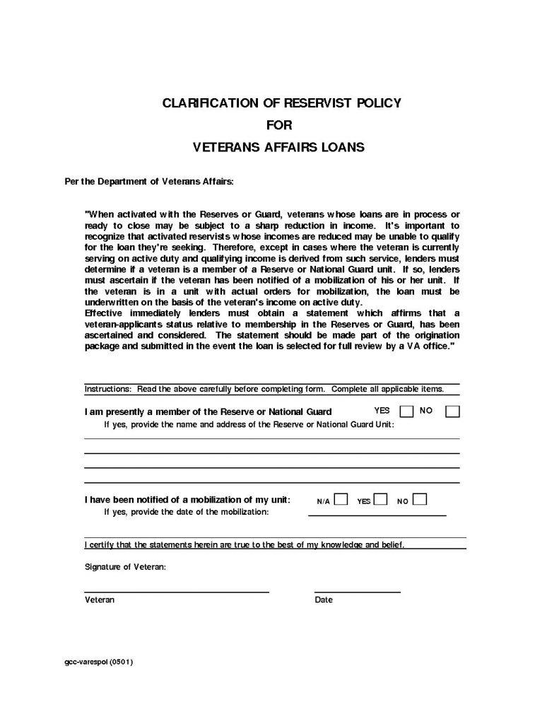 VA Reservist National Guard Certification Form (Clarification of Reservist Policy)