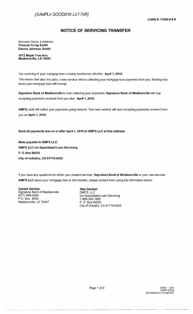 Correspondent Servicing Transfer (Goodbye) Letter Example