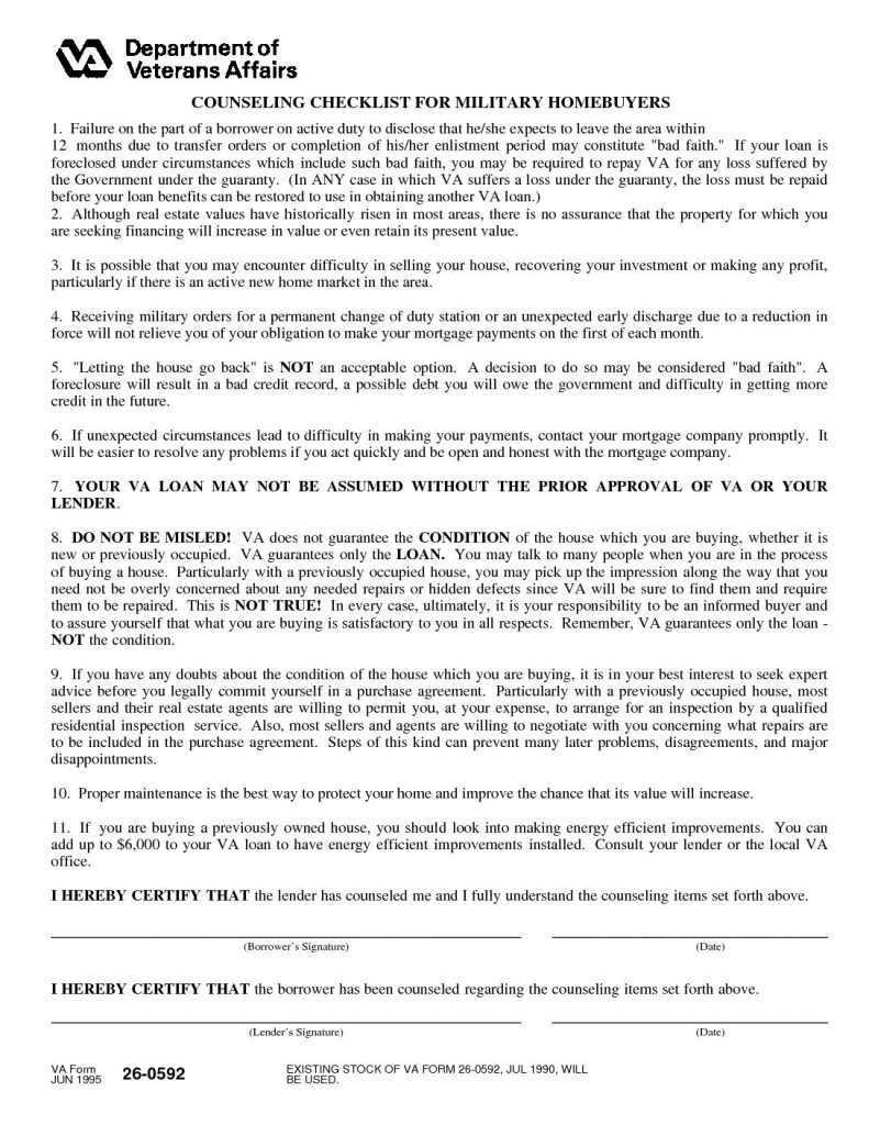 VA Counseling Checklist for Active Military Homebuyers 26-0592 Form