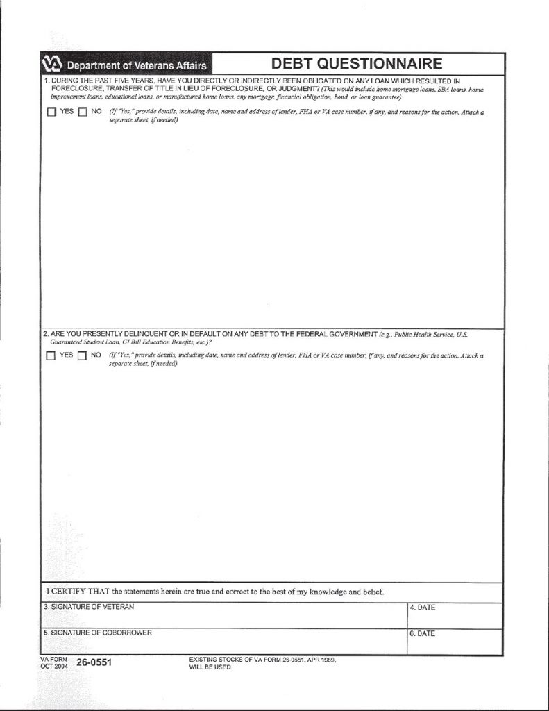 VA Debt questionaire 26-0551 Form