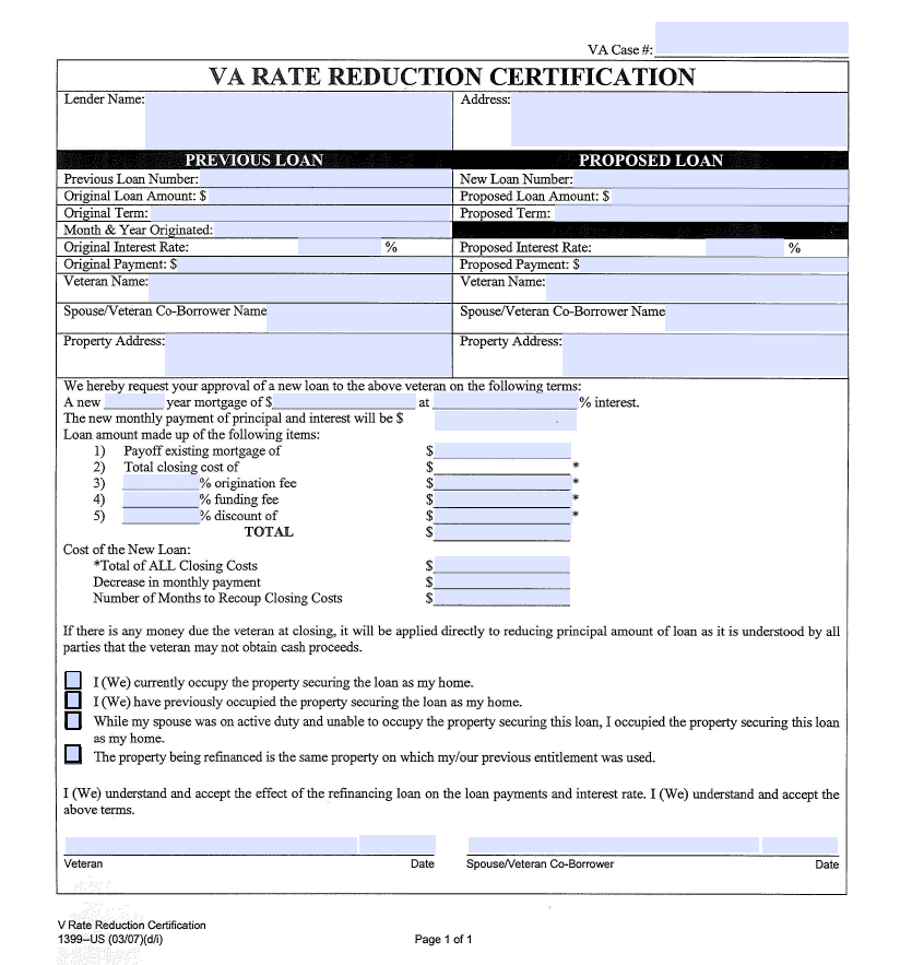 VA Rate Reduction Certification Form EXAMPLE