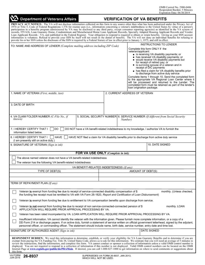 VA Verification of VA Benefits (All loans except IRRRLS) 26-8937 Form