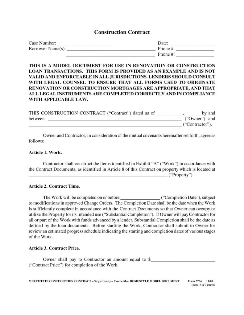 Fannie Mae Sample Contract for HomeStyle Renovation