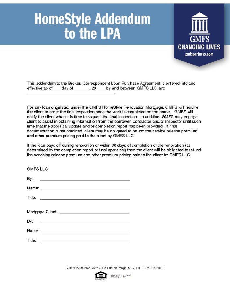 HomeStyle Renovation addendum to the LPA