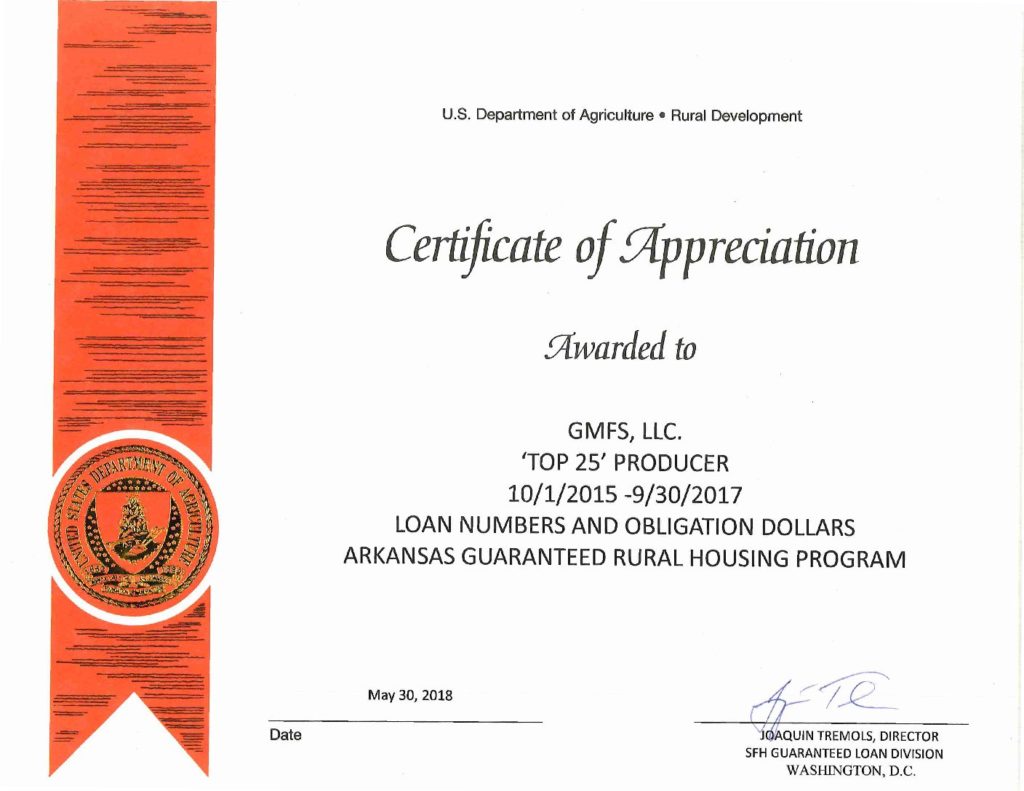 USDA Recognizes GMFS as Top 25 Rural Development Lender in Arkansas