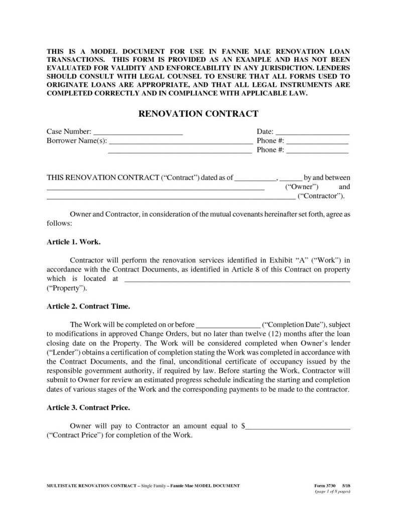 Fannie 3730 Renovation Sample Contract