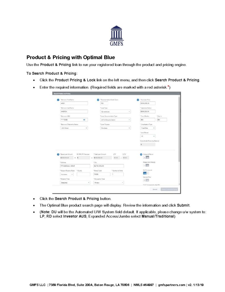 Product and Pricing with Optimal Blue GMFS Encompass Client Portal v2