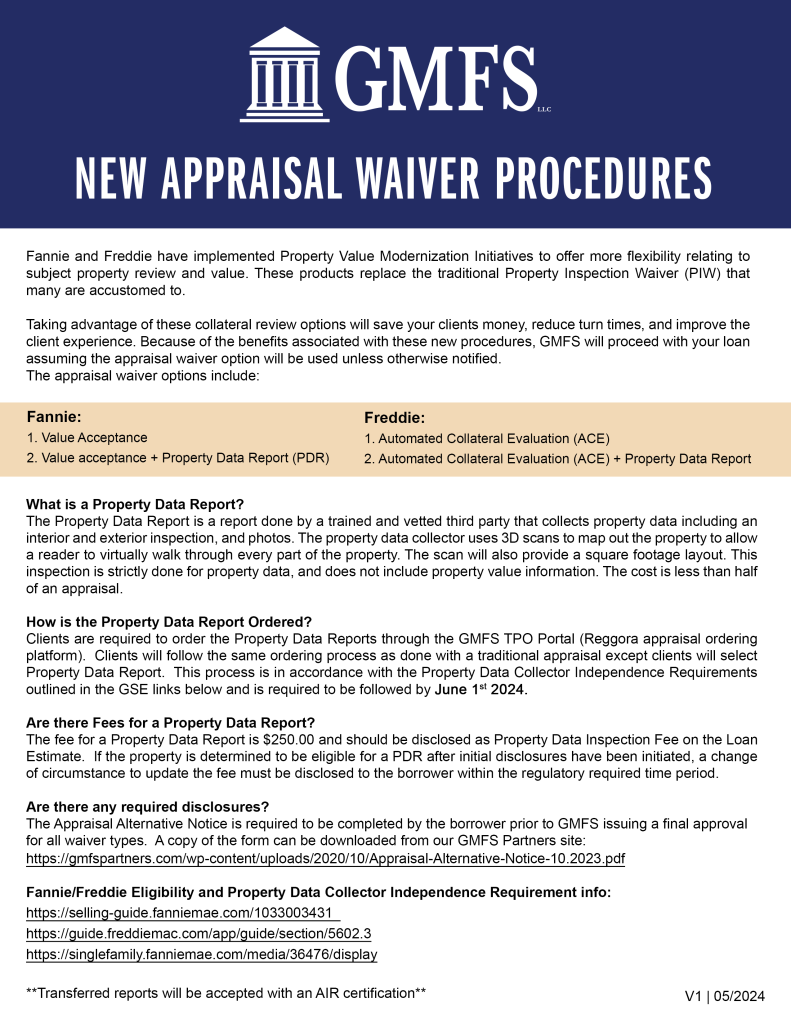 new appraisal waiver procedure may 10 2024